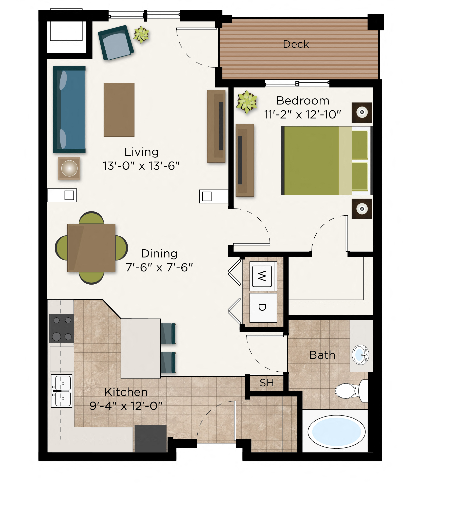 Floor plan for 1 bed, 1 bath, 836 sqft